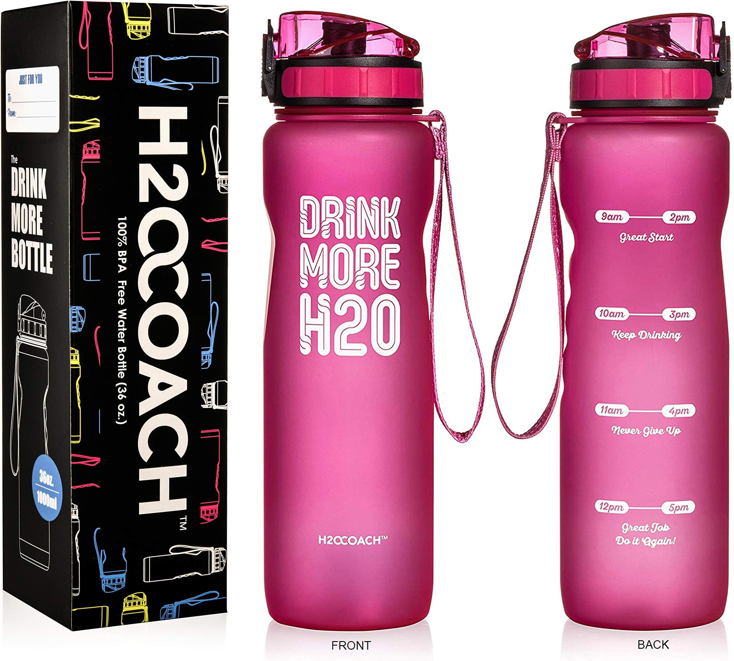 H2OCOACH Sports Water Bottle with Time Marker | Motivational 36 oz, Drink More, Reusable with Fruit Infuser Filter (1 Liter)