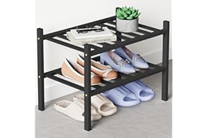 Smiry Bamboo Shoe Rack for Closet, 2 Tier Small Wooden Stackable Shoe Organizer, Free Standing Shoes Storage Shelf for Entryw