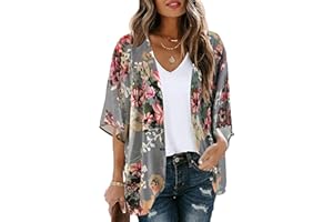 Women's Floral Print Puff Sleeve Kimono Cardigan Loose Cover Up Casual Blouse Tops