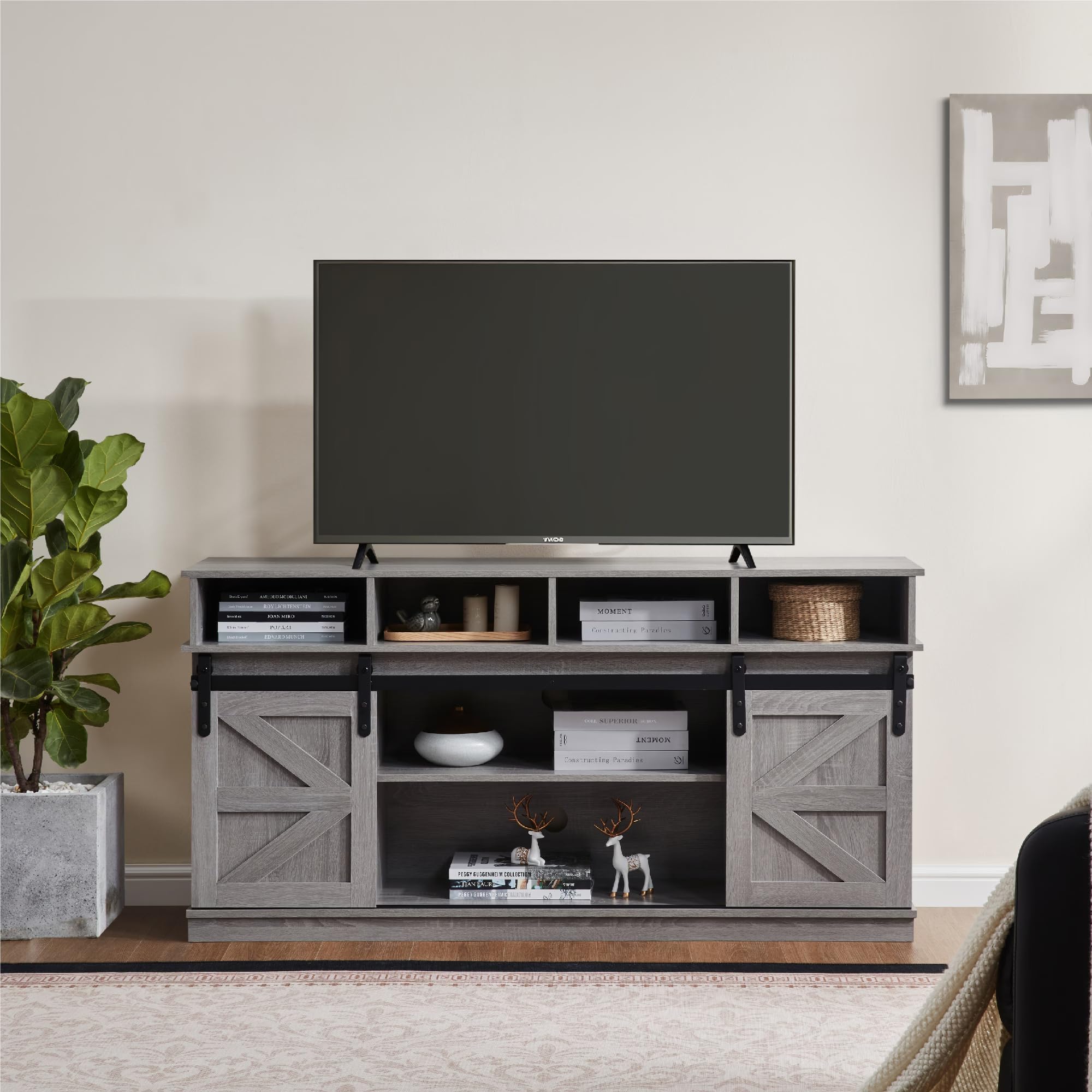 Photo 1 of ***BOX 2 OF 2 ONLY*HALF THE PIECES ARE NOT INCLUDED***Furrnook TV Stand Sliding Barn Door Modern&Farmhouse Wood Entertainment Center, Storage Cabinet Table Living Room with Adjustable Shelves for TVs Up to 65" (Gray, Farmhouse with Open Shelf)***BOX 2 OF 