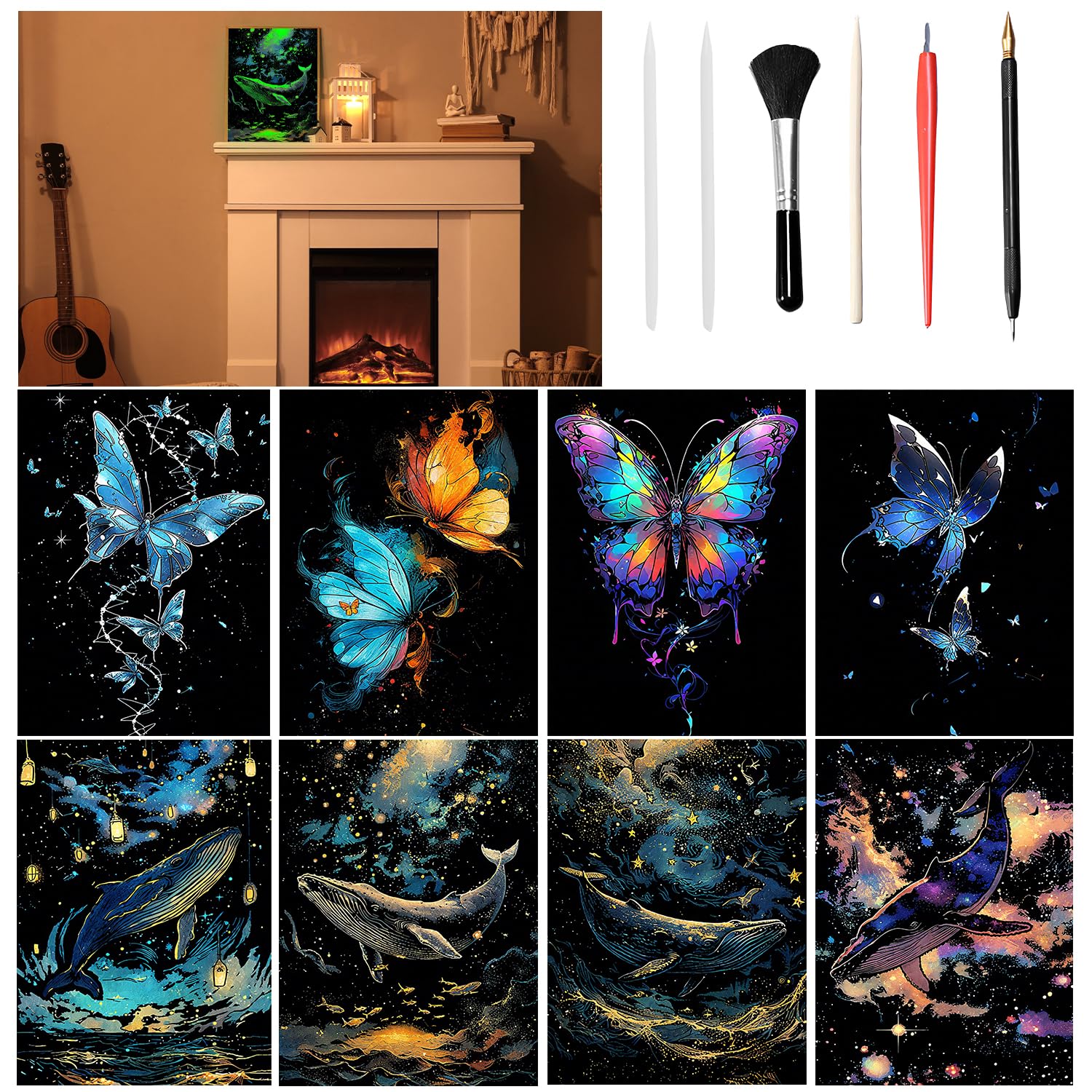 VLYX Scratch Art for Adults and Kids - 8-Piece Rainbow Scratch Notes Kit with Scratching Tools, Creative Art Supplies Children & Adults（Butterfly & Whale）