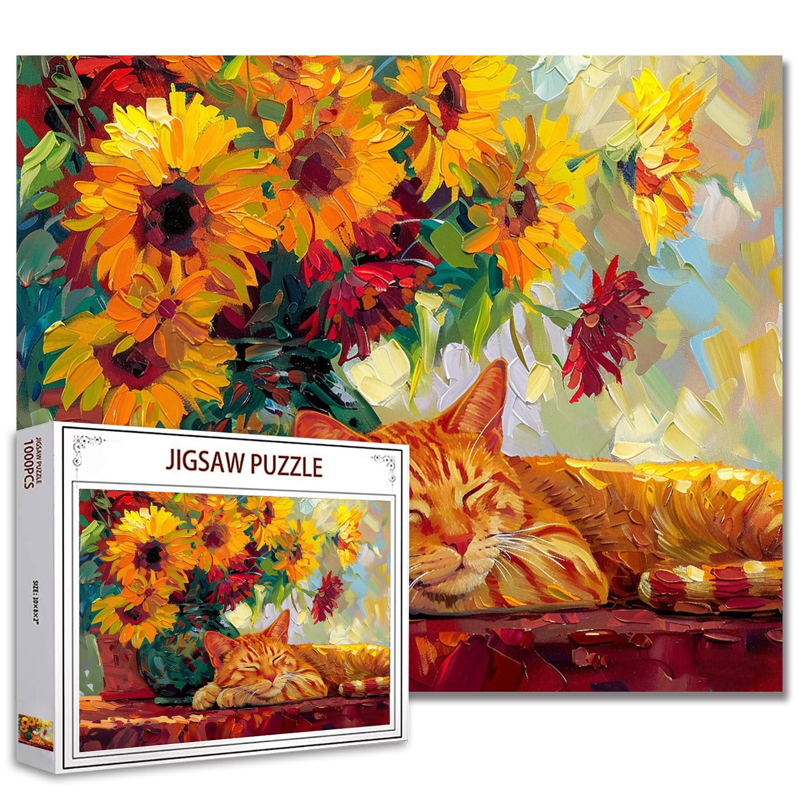 Tucocoo Sleeping Cat Jigsaw Puzzle 1000 Pieces Puzzles for Adults, Cute Kitten Retro Sunflowers Art Jigsaw Puzzles for Challenging Family Activity Games Colorful DIY Craft Puzzle for Home Decor Gifts