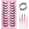 FADLASH False Eyelashes Kit 10 Pairs Faux Mink Lashes Wispy with Lash Bond and Seal and Tweezer Fake Eyelashes Natural Look Handmade Eyelashes Cat Eye Lashes Fake Lashes Strips (DH06-04 Kit)