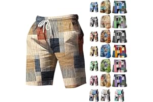 PETCDIM Mens Linen Plaid Bermuda Shorts Ethnic Pattern Jogger Shorts Summer Straight Drawstring Beach Short with Pockets