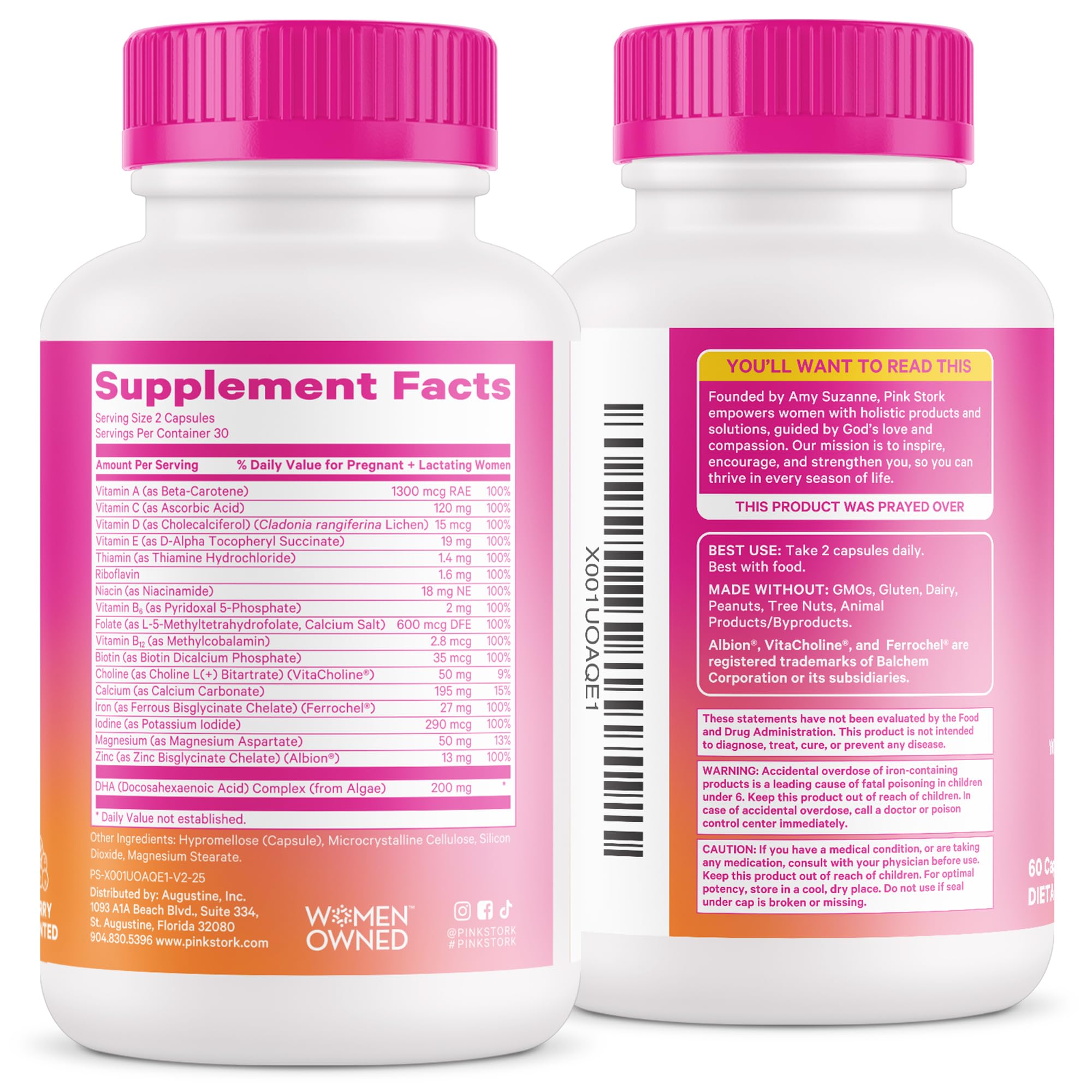 Pink Stork Total Prenatal Vitamins with DHA, Folate, Iron, Choline, and Vitamin B12 - Prenatals for Women to Support Fetal Development, Pregnancy Essentials, Berry Essence, 60 Capsules, 1 Month Supply