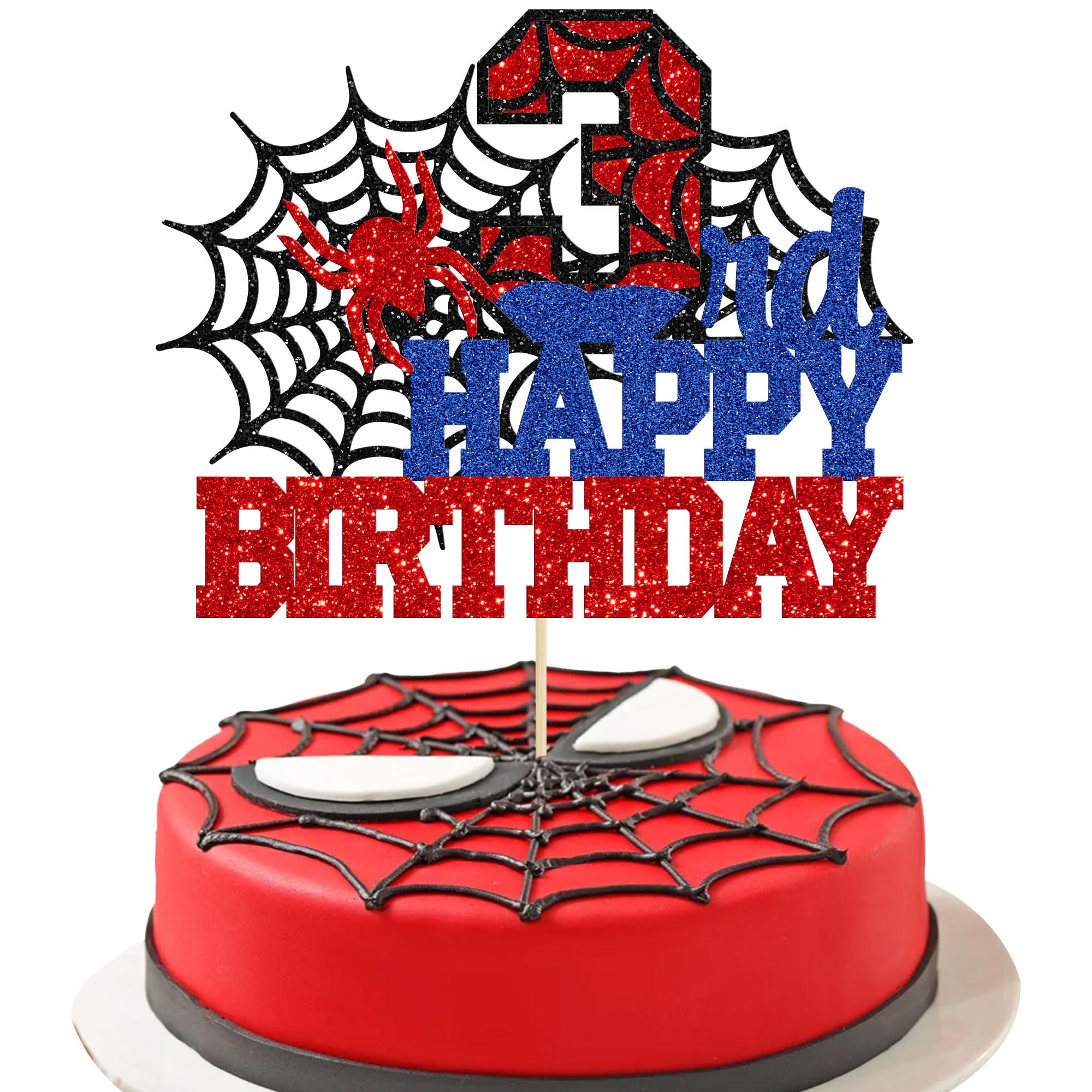 Ephlyn 1Pcs Happy 3rd Birthday Cake Topper Glitter Spider Themed Happy Third Birthday Cake Decor for Men Boy Children Three Years Birthday Party Supplies