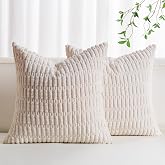Pack of 2 Corduroy Decorative Throw Pillow Covers 18x18 Inch, Cream White | Fall Soft Striped Pillow Covers Modern Farmhouse 