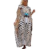 IMAGEKOPE Women's Plus Size Moroccan Print V-Neck Batwing Kaftan Loose Fit Beach Dress Bathing Suit Cover Up