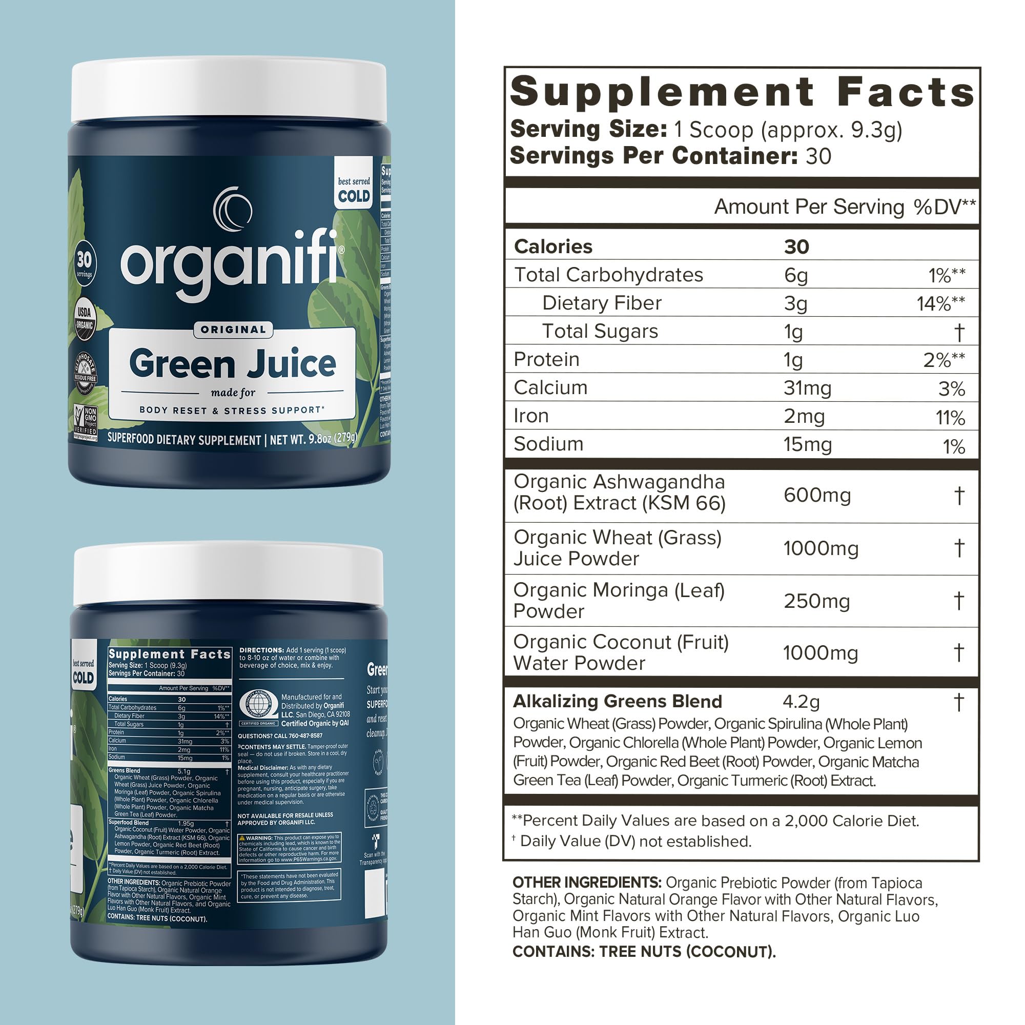 Organifi Green Juice - Powder Supplement with Organic Spirulina, Ashwagandha, and Chlorella - Helps Achieve Fitness Goals and Reduce Cortisol Levels, 30-Day Supply