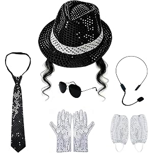FVCENT 70s 80s Disco Costume Set, Sequin Fedora Hat, Gloves, Tie, Leg Warmers, Sunglasses, Headset Prop, Unisex Adult