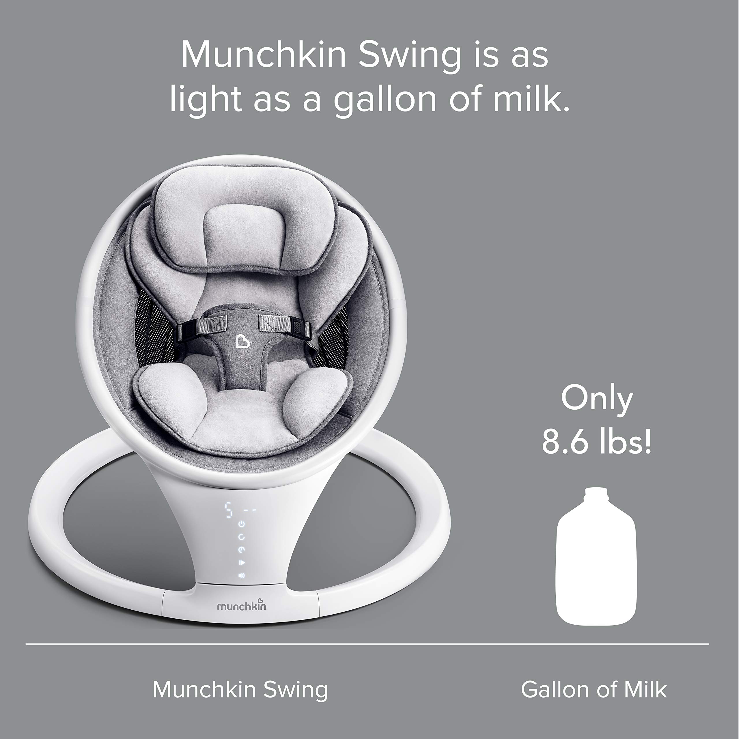 Munchkin Baby Swing, Portable and Lightweight, Bluetooth Enabled Electric Infant Rocker with Natural Sway in 5 Ranges of Motion, Newborn Nursery Essentials, White/Grey