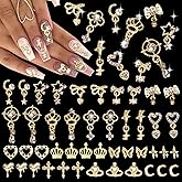 100 Pcs Gold Nail Charms and Gems, Gold Dangle Star Bows Nail Gems Charms, Metal Crown Heart Butterfly Charms for Acrylic Nail Art Alloy Cross Nail Charms for Women DIY Accessories