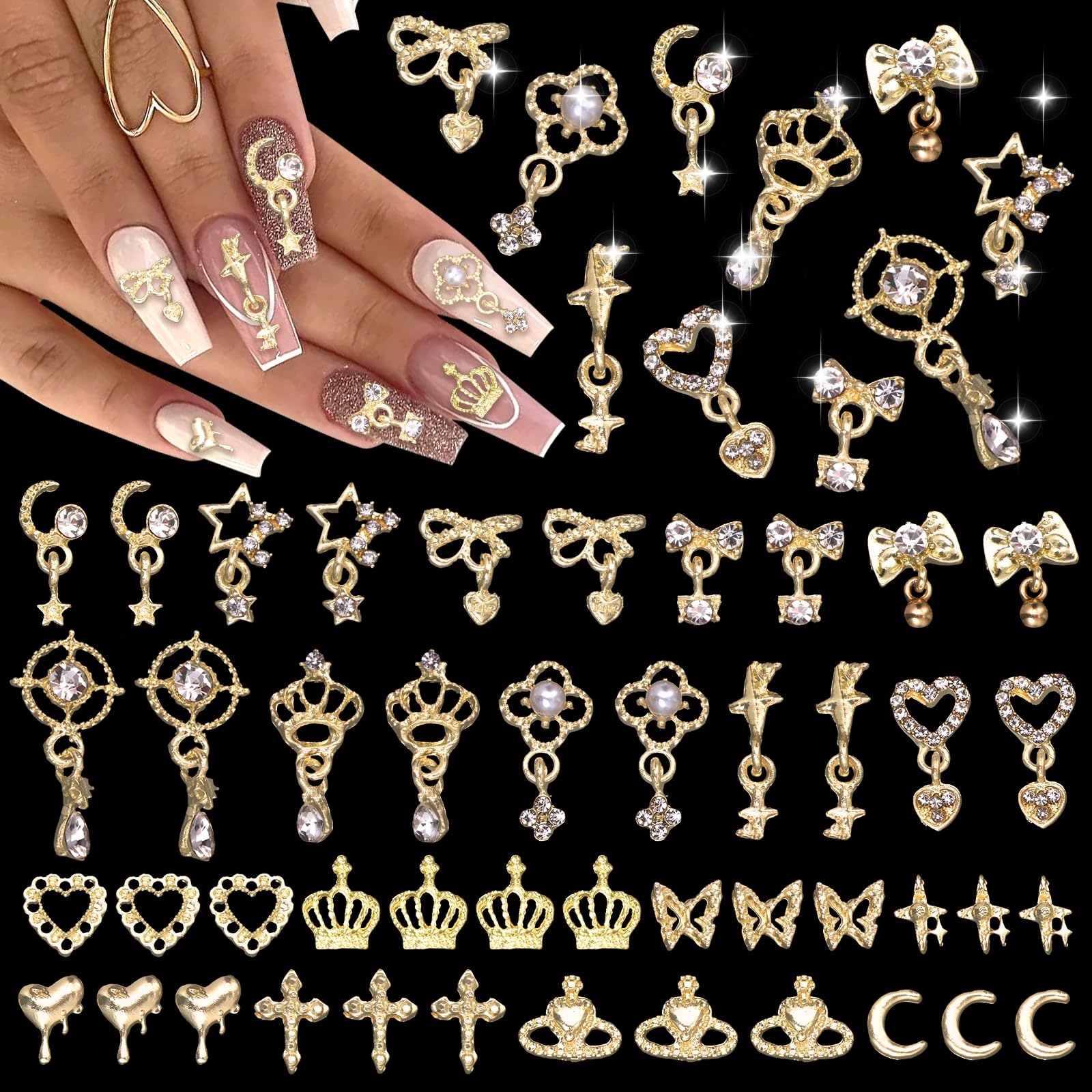 Photo 1 of 100 Pcs Gold Nail Charms and Gems, Gold Dangle Star Bows Nail Gems Charms, Metal Crown Heart Butterfly Charms for Acrylic Nail Art Alloy Cross Nail Charms for Women DIY Accessories