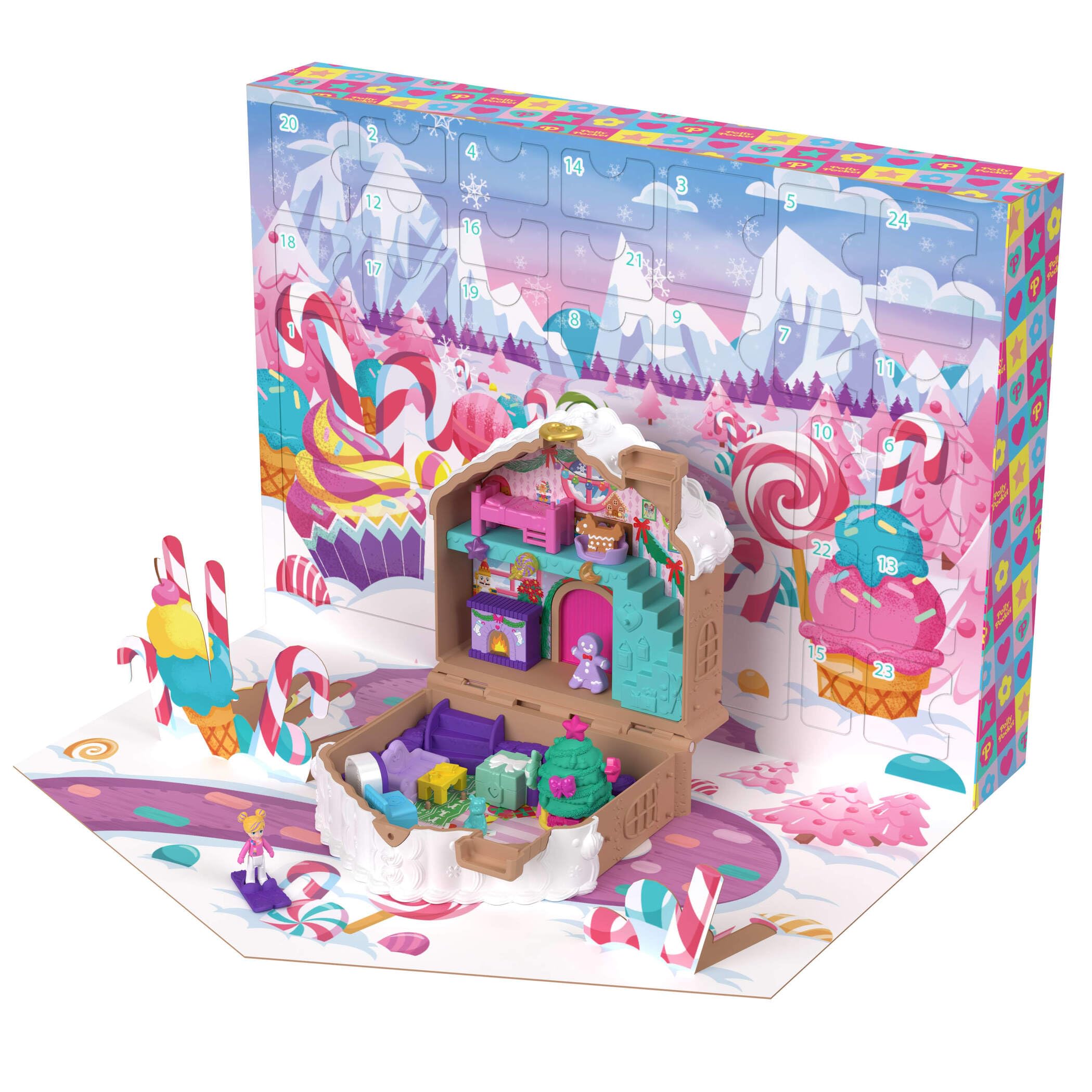 Polly Pocket Doll Advent Calendar, DIY Gingerbread House Playset with 24+ Surprises, Dollhouse Furniture, and Holiday Accessories, JFV13