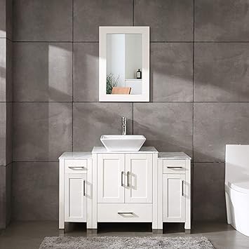 Amazon Com 48 White Bathroom Vanity Glass Marble Top Painted Wood Cabinet Single Vessel Sink W Faucet Mirror Solid Wood Marble Top Kitchen Dining