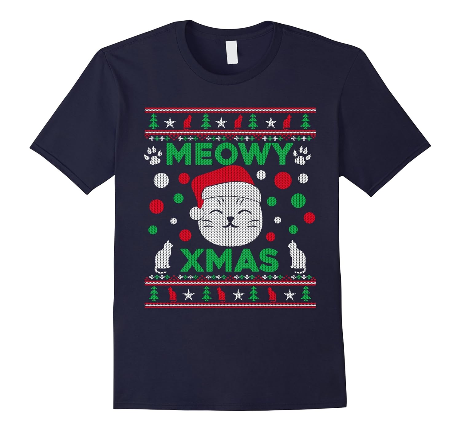 Meowy Xmas Ugly Christmas Sweater Style T-Shirt With Cat-Rose