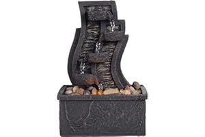 Teamson Home Slate Stone Look Tabletop Water Fountain Indoor Room Décor Sound Machine with Water Pump LED Light Faux Rocks, Indoor Zen for Home Office Living Room, Charcoal