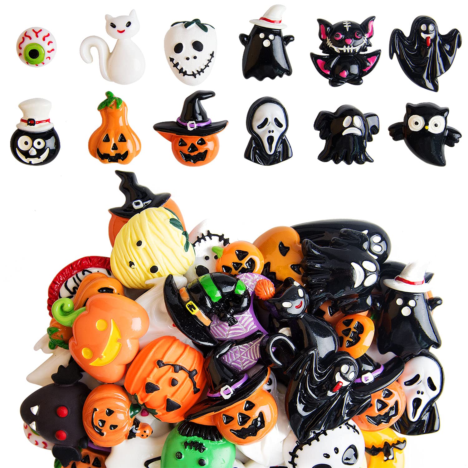 Kalolary 50PCS Assorted Halloween Craft Resin Ornaments Resin Flatback Halloween Craft Embellishment Resin Charms Wizard Pumpkin Ghost Spider Skull Castle Resin Charms for Craft Making (Random)