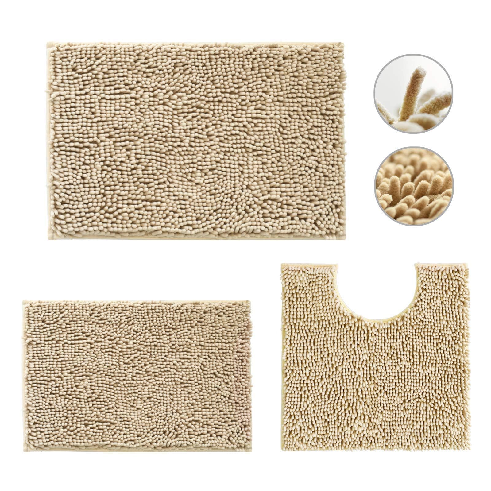 MEGAROOM Non Slip Chenille Bath Mat Set - Bathroom Mat Set with U-Shaped Toilet Mat - Soft and Anti Mould Bath Mat 3 Pieces for Safety and Comfort, Water Absorbent and Quick Drying（Beige）