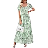PRETTYGARDEN Women's Floral Boho Maxi Dresses Flowy Short Sleeve A Line Smocked Eyelet 2026 Summer Beach Vacation Clothes