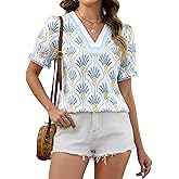 Blooming Jelly Womens Dressy Casual Blouses Puff Short Sleeve V Neck Shirts Ruffle Color Block Floral 2026 Tops