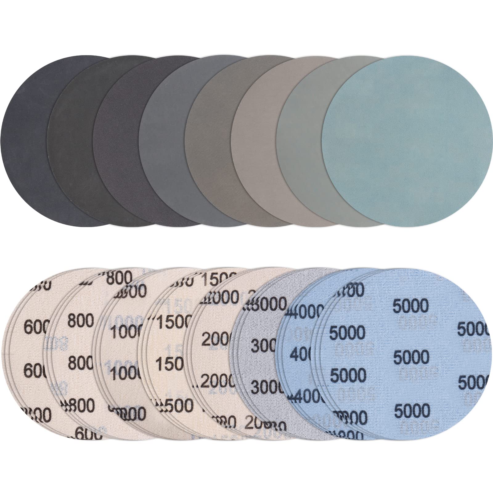 JatilEr 24 Pcs 125mm Sanding Discs, Grit 600/800/1000/1500/2000/3000/4000/5000 Round Wet and Dry Disc Hook and Loop Flocking Disc Orbital Sanding Pad for Polishing Wood, Metal, Jewelry, Car