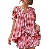 Wyeysyt Womens Gingham Pajamas Set 2 Piece Cotton Pj Sets Ruffle Babydoll Shirt and Plaid Shorts
