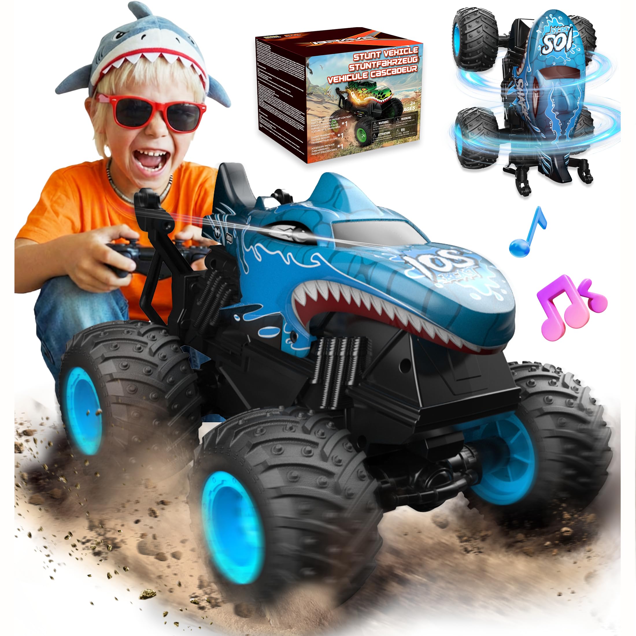 BEZGAR Monster Truck Toys - Remote Control Monster Truck with Light & Music, Dinosaur Toys for Kids, 1:20 Scale RC Truck with 360° Spins and Drifting, Remote Control Car for Boys (Blue)
