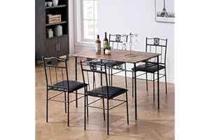 VECELO Kitchen Dining Room Table Sets for 4, 5 Piece Metal and Wood Rectangular Breakfast Nook, Dinette with Chairs, Retro-Brown
