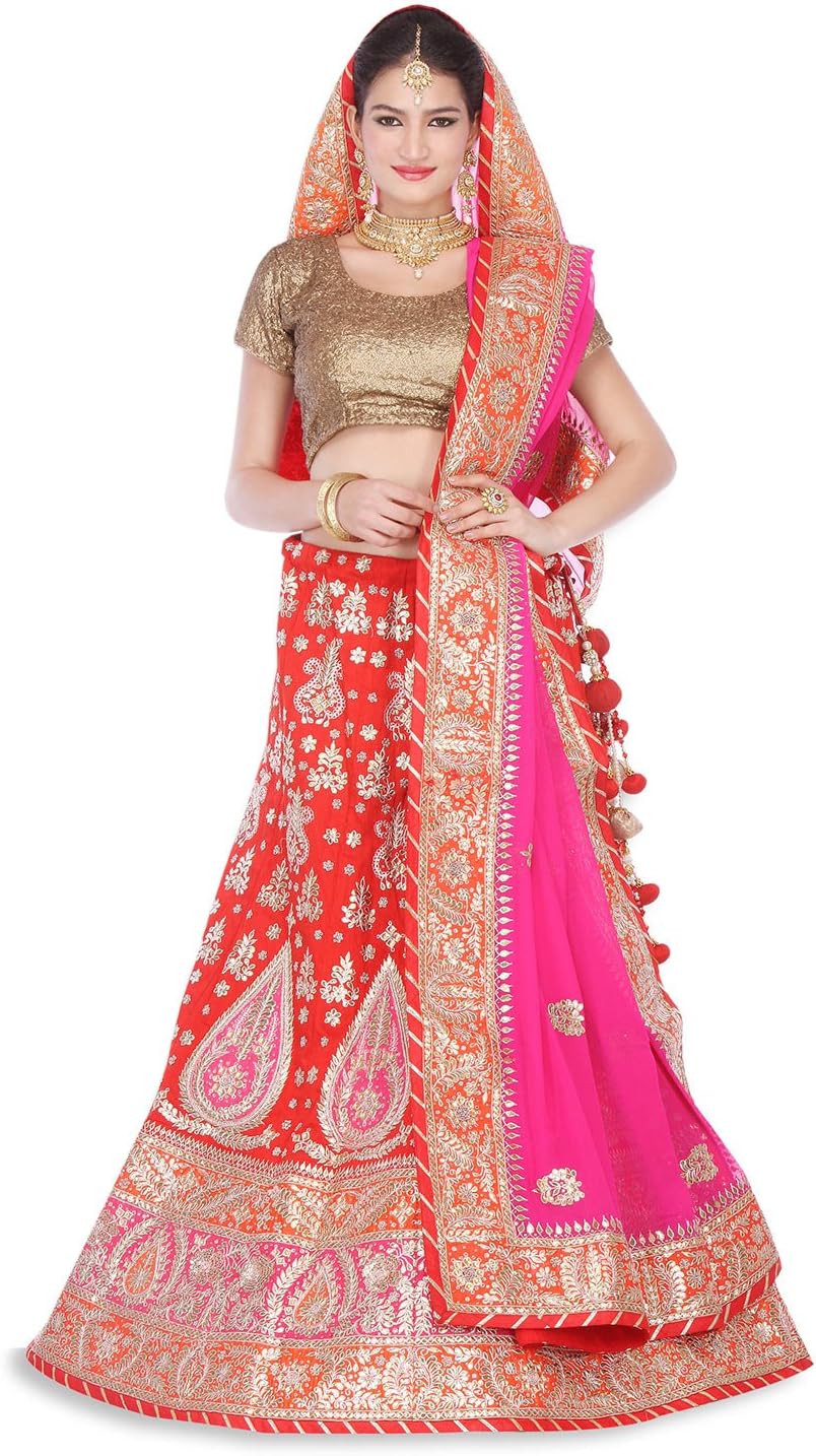Gota Embroidered Pure Raw Silk Circular Lehenga in Red