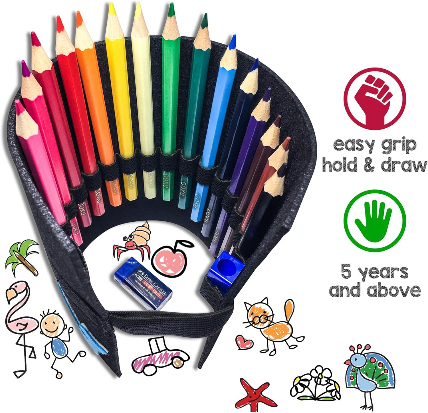 OOKU Jumbo Kids Colored Pencils 15 Pc - Chubby Jumbo Pencils for Preschoolers, Coloring Toddler Pencils for Beginners - Easy Hold Thick Colored pencils for Kids w Sharpener, Eraser, Pouch - Eleph: Office Products