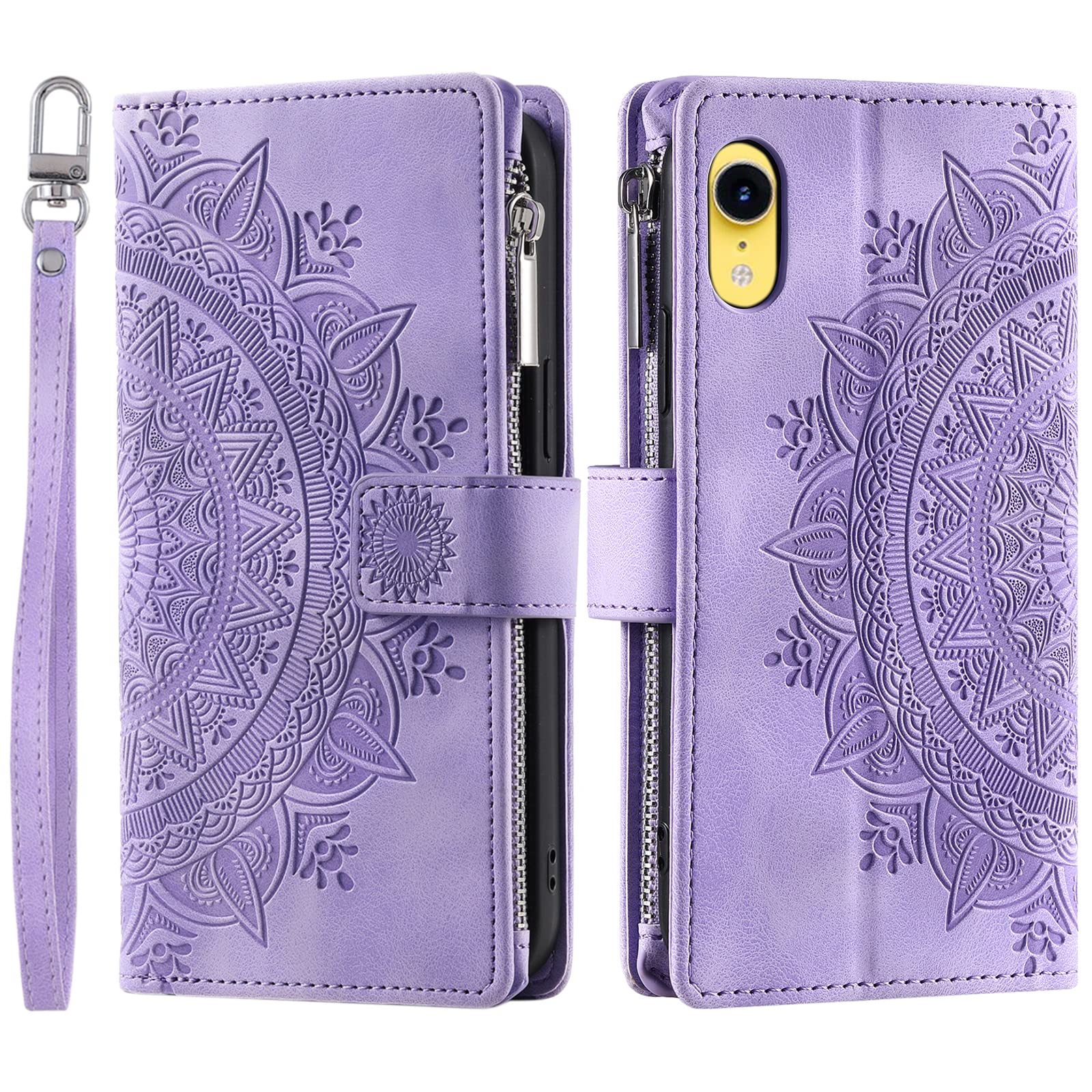 VEEMOS Wallet Case for iPhone XR Flower Flip Case Protective Leather Folio Book Phone Cover with Card Slots Kickstand Zipper Pocket - Purple