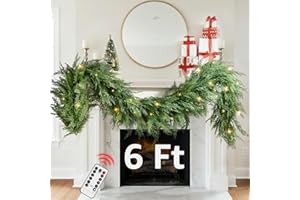 NUTIKAS Christmas Cedar Garland Realistic - Cypress Decorations with Lights 6ft for Mantle Lighted Faux Pine Garlands for Xmas Home Decoration Indoor Stairs Railing Fireplace Outdoor 6 ft Prelit Door Decor