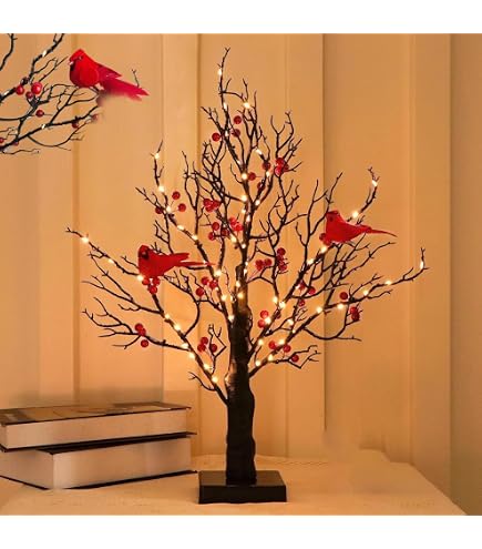 Vintage Glowing Christmas Tree With Cardinal - LED Lighted Red Bird Tree Decor, Battery-Powered Centerpiece
