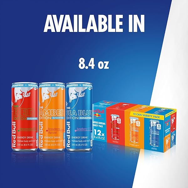 RED BULL SUGAR-FREE ENERGY DRINK VARIETY PACK, ENERGY DRINK, RED, AMBER, & SEA BLUE WITH 80MG CAFFEINE PLUS TAURINE & B VITAMINS, 8.4 FL OZ, PACK OF 12 CANS