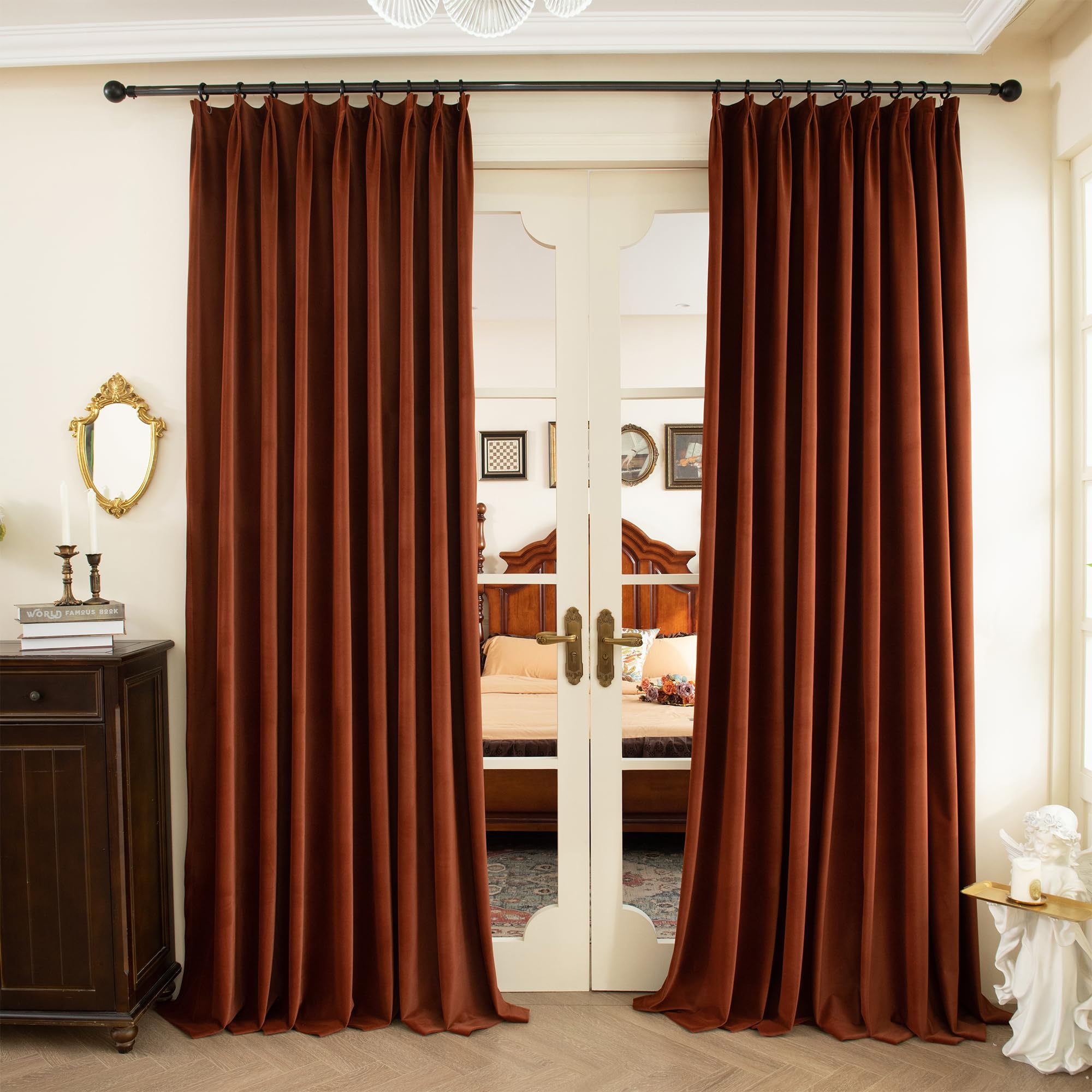 Photo 1 of MAIHER Velvet Pinch Pleated Curtains 96 Inches Long 1 Panel, Thermal Insualted Pleated Drapes for Patio Parlor/Living Room Privacy Protect (52" W x 96" L, Burnt Orange)