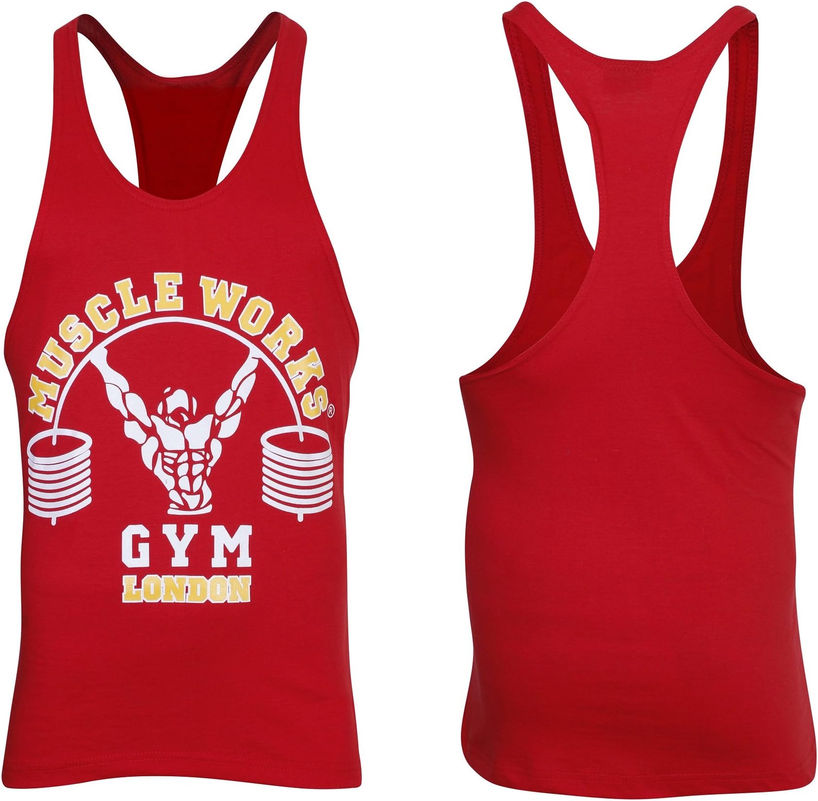 MUSCLE WORKS Mens Gym Stringer Vest Gym Tank Top Training Vest Red