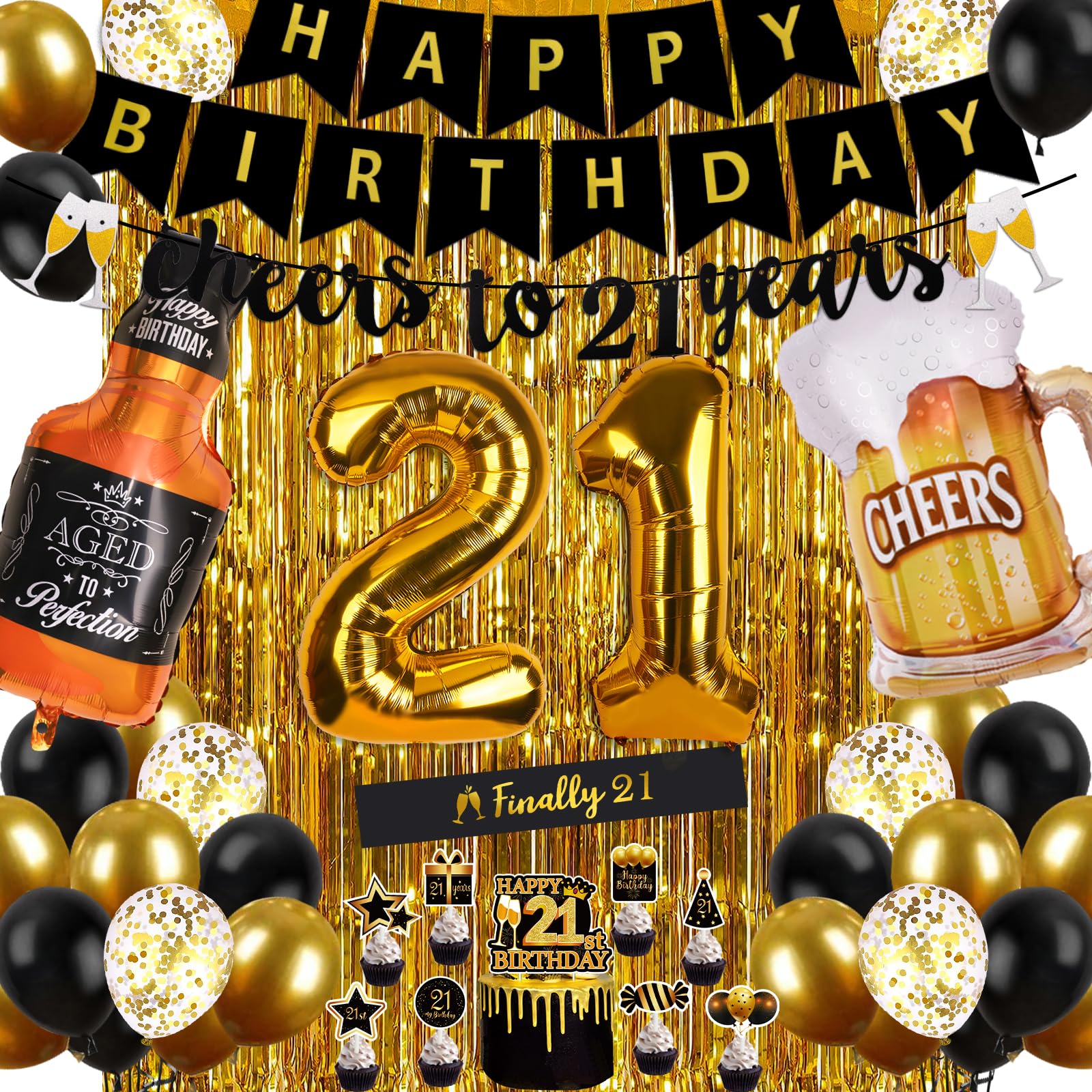 Photo 1 of 21st Birthday Decorations for Him, Happy Birthday Decorations Black and Gold 21 Birthday Decor with Happy Birthday Banner, Fringe Curtain, Confetti and Latex Balloons