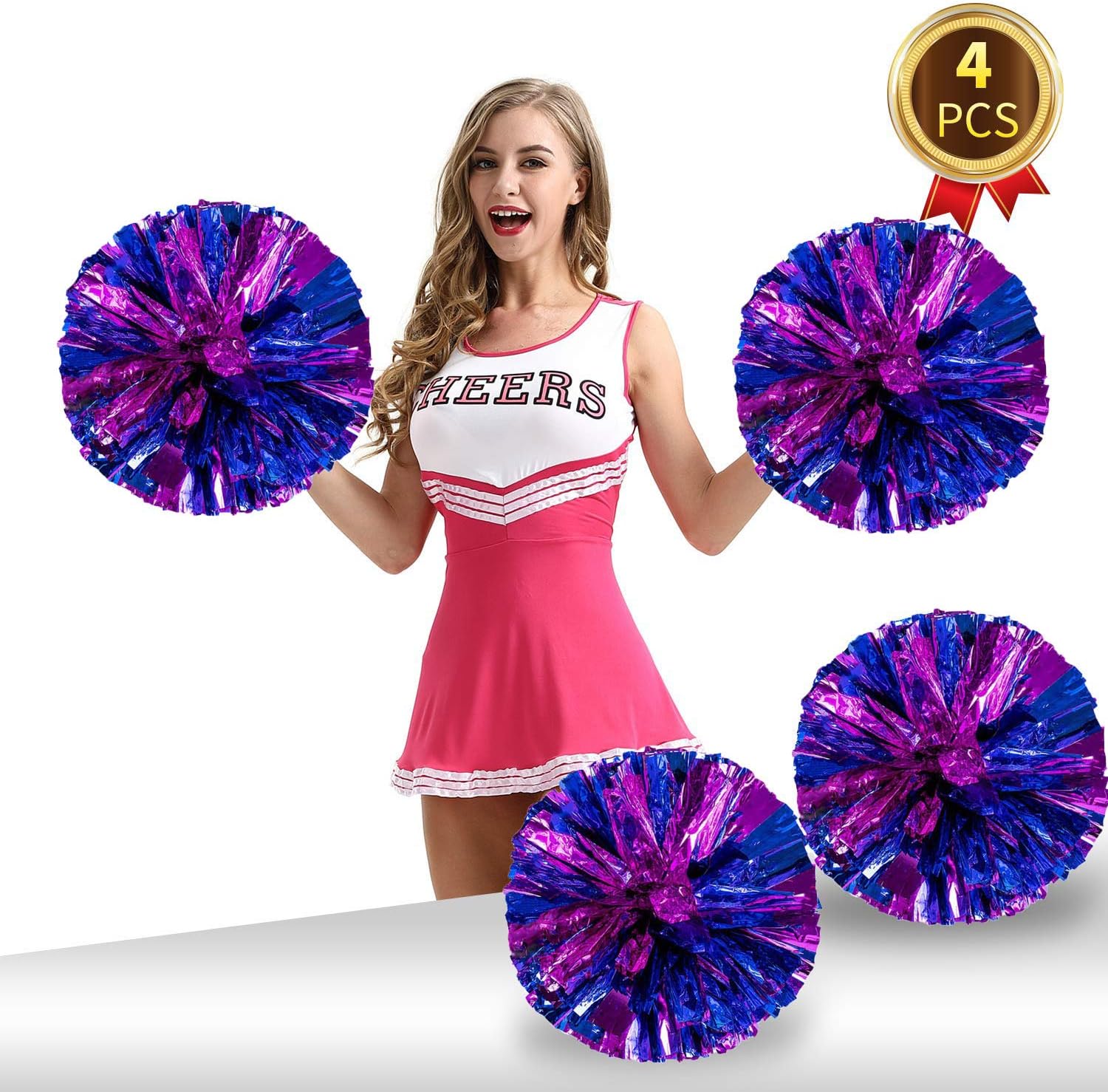 Pack of 4 Cheerleading Pom Poms Foil Plastic Metallic Cheerleader Pom Poms for Cheer Sport Kids Adults Team Spirit Cheering (Rose Red/Blue) : Sports & Outdoors
