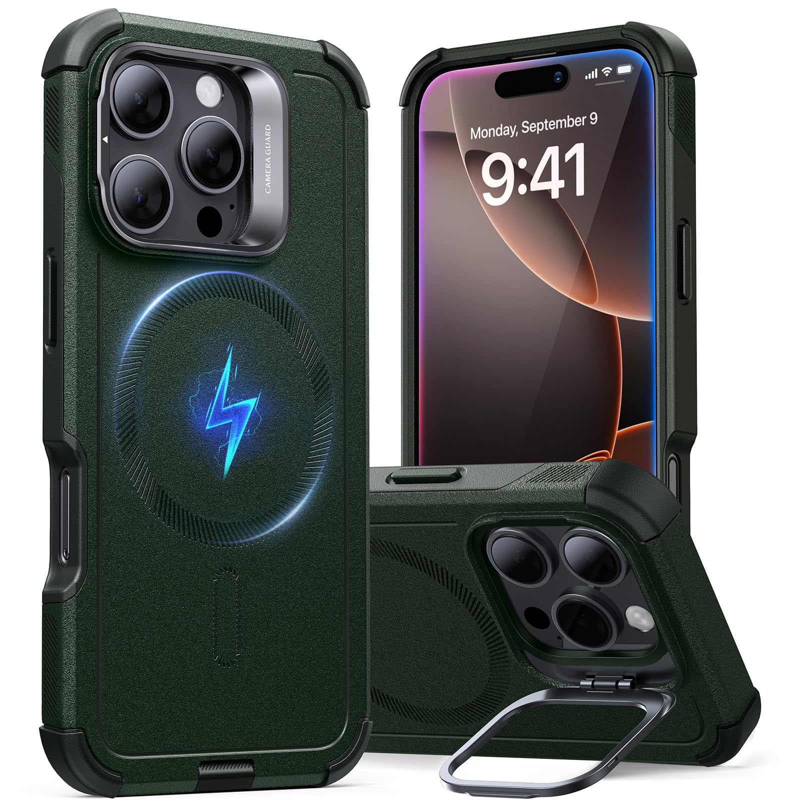 Photo 1 of ESR for iPhone 16 Pro Case with Stand, 23 ft Military-Grade Drop Protection, Heavy Duty Magnetic Phone Case, Compatible with MagSafe Accessories, Cyber Series, Army Green