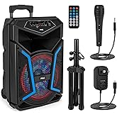 Pyle Portable Bluetooth PA Speaker System - 800W Outdoor Bluetooth Speaker Portable PA System w/ Microphone In, Party Lights, MP3/USB, FM Radio, Rolling Wheels - Mic, Remote - Pyle PPHP122SM,Black