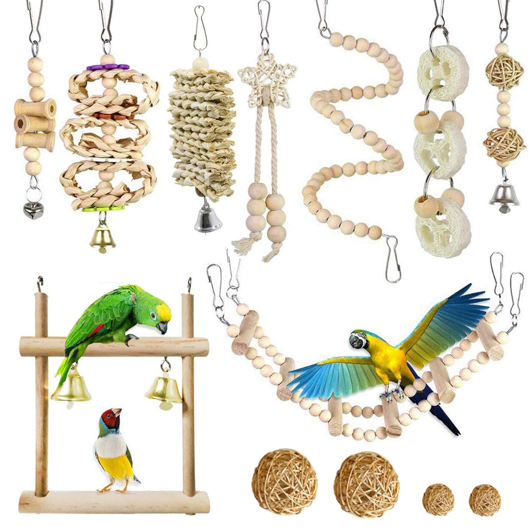 Allazone Bird Parrot Toys, 13 PCS Hanging Bell Pet Bird Cage Hammock Swing Toy Wooden Chewing Toy for Conures, Love Birds, Small Parakeets Cockatiels, Macaws