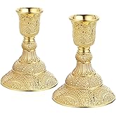 OwnMy 2PCS Brass Taper Candle Holders Candle Stick Holders Set Vintage Metal Pillar Candlestick Holders, 4”H Elegant Candle Stand Candelabra for Dining Table Centerpieces Wedding Home Decoration, Gold