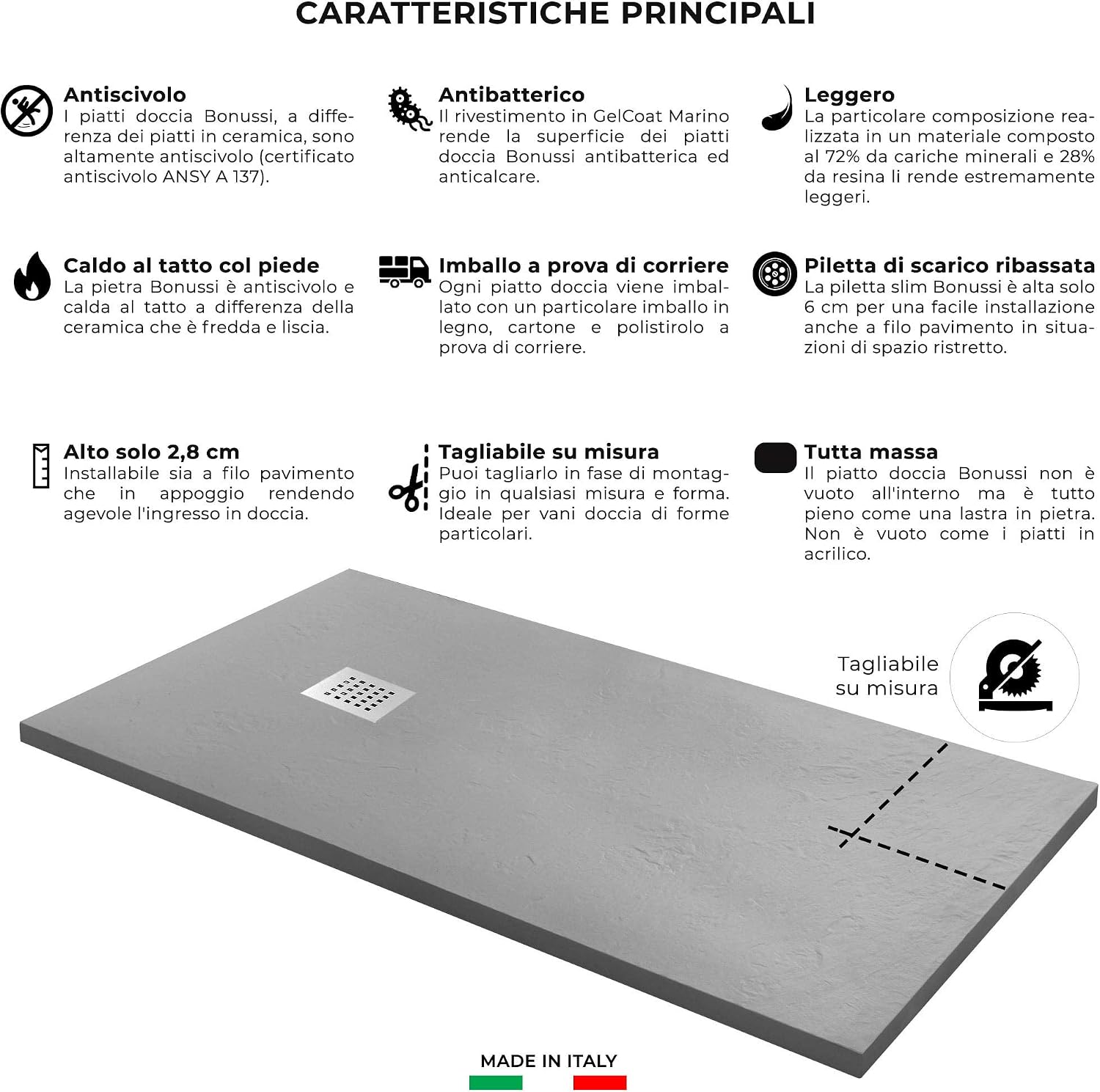 Piatto Doccia In Marmoresina Effetto Pietra - 140x70 Cm, Altezza 2,5 Cm, Antiscivolo