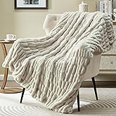 JONIYEAR Solid Cozy Fuzzy Ruched Faux Rabbit Fur Throw Blanket 50" x 60", Decorative Shaggy Fluffy Raffle Blanket for Couch Sofa, Soft Cute Accent Furry Blankets, Warm Blankets for Winter, Sand White