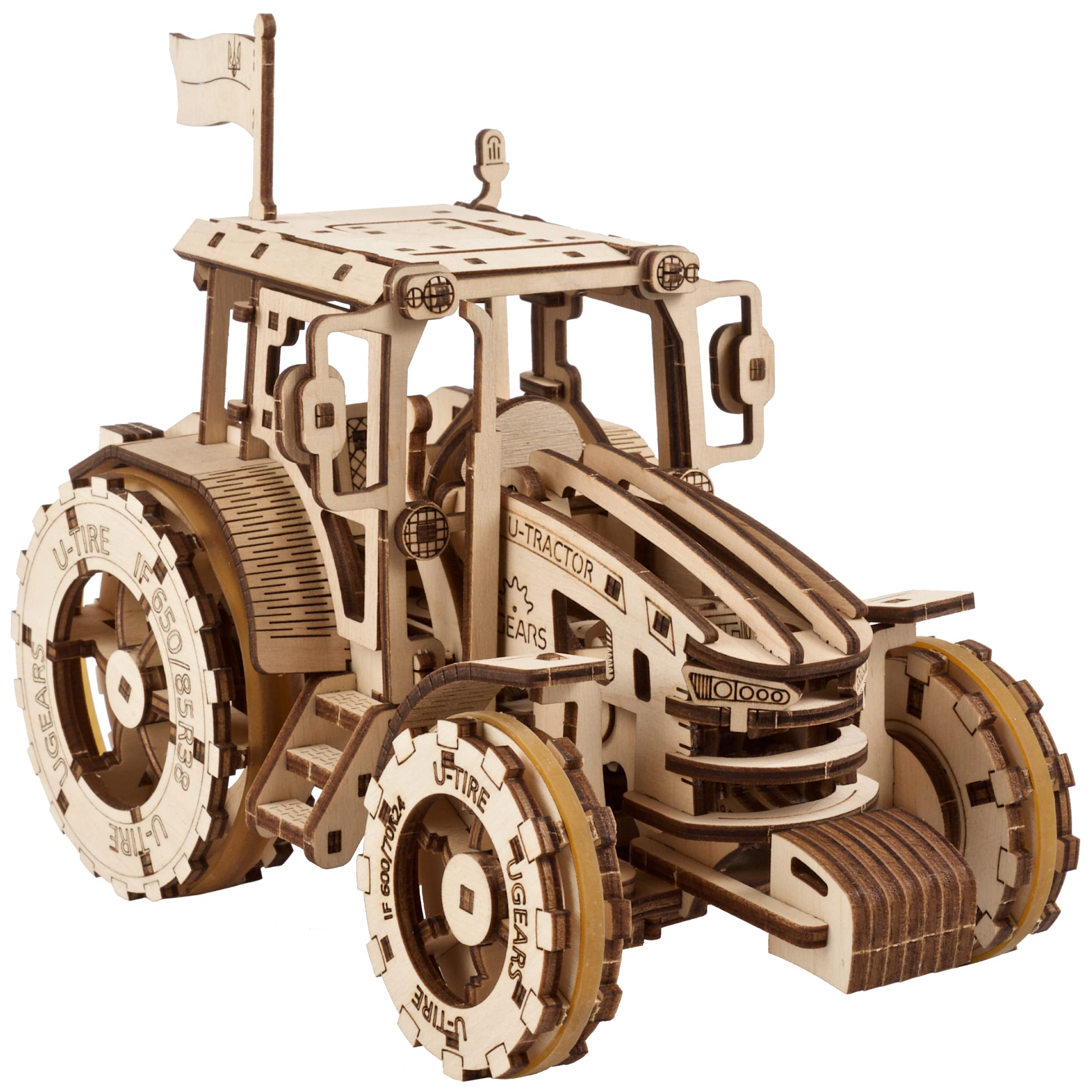 UGEARS DIY The Tractor Wins - Wooden Tractor Model Kit - 3D Wooden Puzzles for Adults and Kids with Folding Paper Tank - Mechanical Vehicle Farm Model Kits for Adults to Build