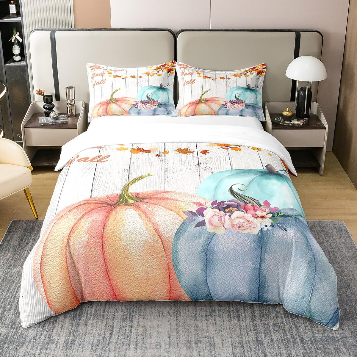 Homewish Cotton Fall Pumpkin Duvet Cover,Thanksgiving Bedding Set Super King,Rustic Farmhouse Maple Leaves Comforter Cover,Autumn Harvest Season Bed Sets with 2 Pillowcases,Watercolor Orange Blue