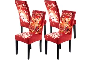 CZL 4PCS Christmas Dining Chair Covers, Stretch Removable Washable Dining Room Chair Protector Slipcovers, Santa Claus Deer Kitchen Chair Cover, Slipcovers Protector for Xmas Holiday Party Home Décor