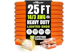 25ft Outdoor/Indoor Extension Cord 14/3 Gauge Heavy Duty 3 Prong SJTW, Waterproof, ETL Listed, Flexible Cold-Resistant Long P