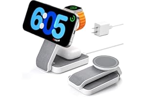 Eazpower 3 in 1 Foldable Wireless Travel Charging Station for MagSafe, Nightstand Magnetic Charger Stand for iPhone 16 15 14 13 Pro Max, Mag-Safe Charging Dock with Night Light for Apple Watch/AirPods
